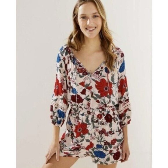 Ann Taylor LOFT Beach Floral Crochet Tie Neck Romper XS - Picture 5 of 6